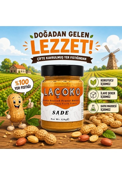Laçoko 320 Gram Şekersiz, Katkısız, Glutensiz, Vegan, Doğal Çifte Kavrulmuş Yer Fıstığı Ezmesi 320 Gram Diğer