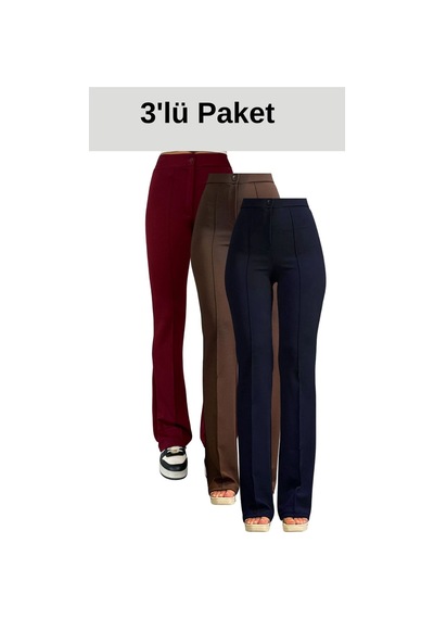 Thiff Gymwear Krep Kumaş Likralı Kadın Palazzo Pantolon 3'lü Set Bordo-kahverengi-lacivert