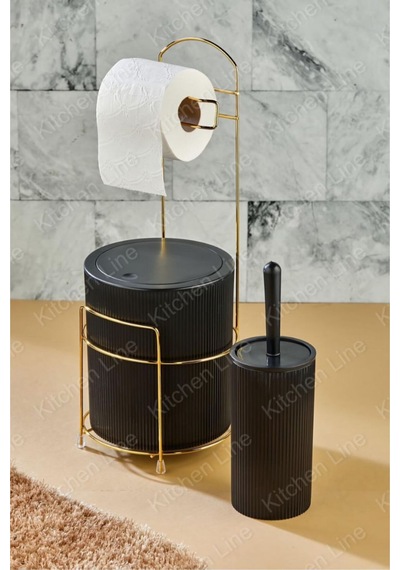 Lüx Gold Banyo Tuvalet Kağıtlığı Çöp Kovası Tuvalet Fırçası 3lü Set 6 Litre Paslanmaz Tel Plastik Siyah