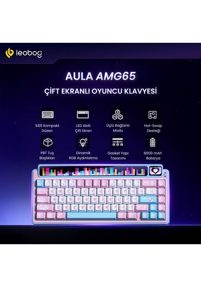 Leobog Amg65 Mekanik Klavye Led Matrix Ekranlı Silent Cotton Candy Switch Rgb Hot-swap Oyuncu Klavyesi Pembe