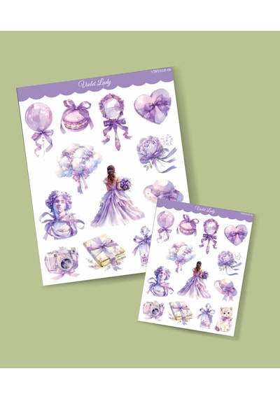 Journal Süsleme-mor Lady- Ajanda Defter Süsleme-violet Lady-vintage Sticker Set Mat Kağıt - 2li Etiket Seti Sarı