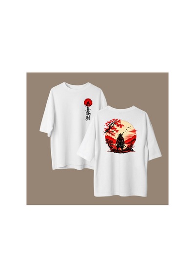 Qmen Style Unisex Beyaz Oversize Baskılı T-shirt Japon %100 Pamuk