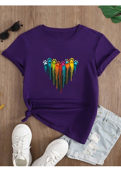 Unisex Sevimli Kedi Patili Kalp Tasarım Basklı Tshirt Mor