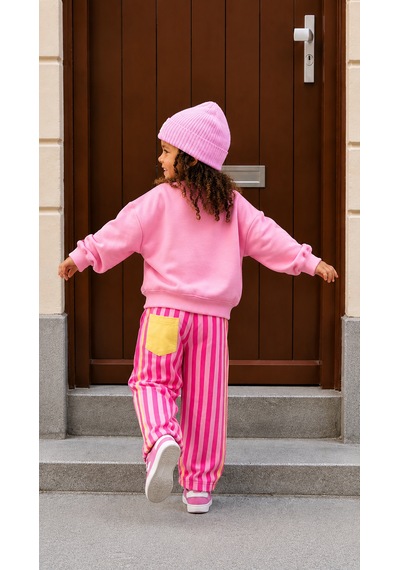 Elzo Collection Kız Çocuk Pembe Kedi Baskılı Swearshirt Çizgili Eşofman 3 İplik Kumaş Alt Üst Takım Elzo Collection Kız Çocuk Pembe Kedi Baskılı Swearshirt Çizgili Eşofman 3 İplik Kumaş Alt Üst Takım