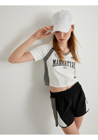 Koton Crop Polo Tişört V Yaka Kısa Kollu Slim Fit Ekru 4sal11005ık Ekru