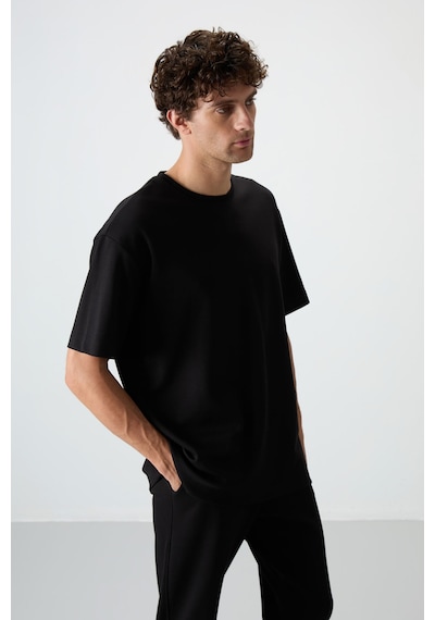 Tommy Life Siyah Pamuklu Kalın Yumuşak Dokulu Oversize Fit Basic Erkek Eşofman Takım - 85251 Siyah