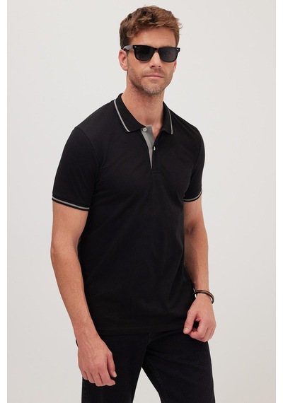 Tudors Erkek Slim Fit Dar Kesim %100 Pamuk Yumuşak Dokulu Serin Tutan Kumaş Düz Pike Siyah Polo Yaka Tişört-42246 Siyah