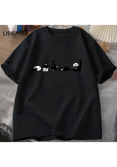 Flood Of Style Beş Ruh Kediler T-shirt Boy Kedi Anne Tee Komik Pamuk Kısa Kollu Kedi Severler T Shirt Erkek Siyah