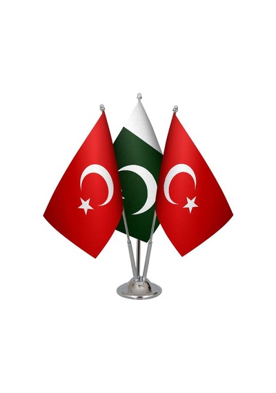 Masa Üstü Pakistan Bayrağı Türk Bayrağı Üçlü Krom Direk Masa Bayr