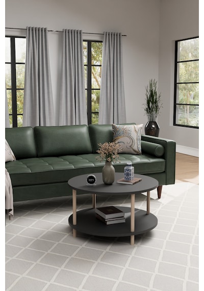 Alpaevmobilya Modern Yuvarlak Orta Sehpa 60 Cm 2 Raflı Ahşap Ayaklı Çok Amaçlı Organizer Sehpa Antrasit