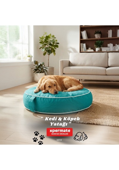 Xpermate Fermuarlı Kedi ve Köpek Minderi Yuvarlak Kedi Minderi Yıkanabilir Kedi Köpek Yatağı Turkuaz