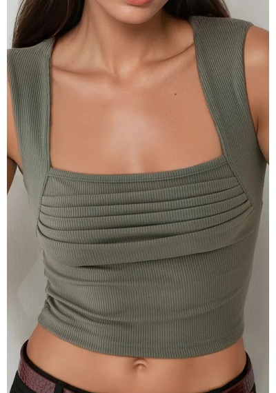 Hiccup Drape Kare Yaka Bluz Haki Yeşil