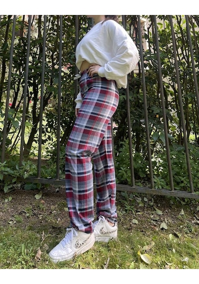 Kadın Pamuklu Ekose Desenli Pijama Altı Eşofman Kurdeleli