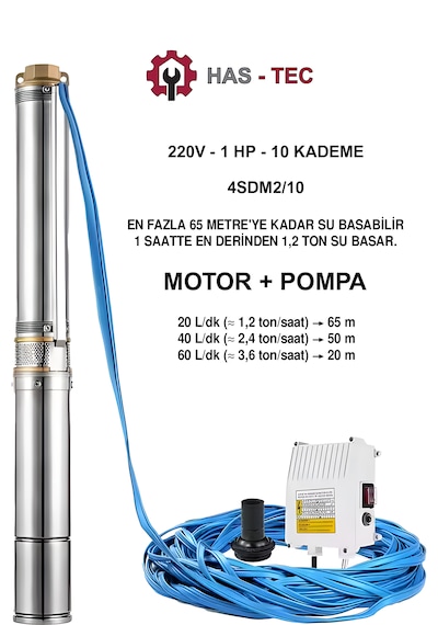 Has-tec 4sdm2/10 Derin Kuyu Dalgıç Pompa Seti 1 Hp - Monofaze Motor + Pompa + Kontrol Panosu Komple Set