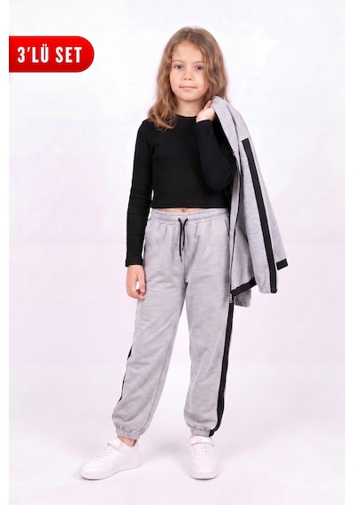 Fyk Kids Kız Çocuk Fitilli Crop Ve Şerit Detaylı Eşofman Takımı Seti Gri