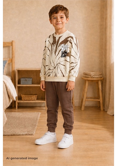Pina Kids Erkek Çocuk Batik Desenli Okul Günlük Eşofman Takımı Esf7037 Kahverengi