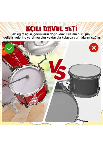 Mikrofonlu Işıklı Sesli Bateri Seti - Piyanolu Tabureli Bagetli Eğitici Çocuk Bateri Takımı Kırmızı