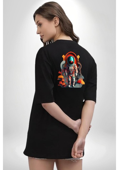 Astronot Yapay Zeka Yürüyüş Siyah Oversize Unisex Ön Ve Sırt Baskılı Tişört Siyah