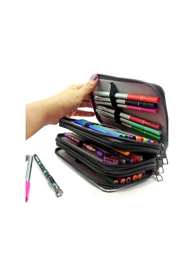 Kalem Kutusu Black Pink Blink Organizer Kalemkutu Vegan Deri Üç Bölmeli Kalemlik - Siyah Siyah