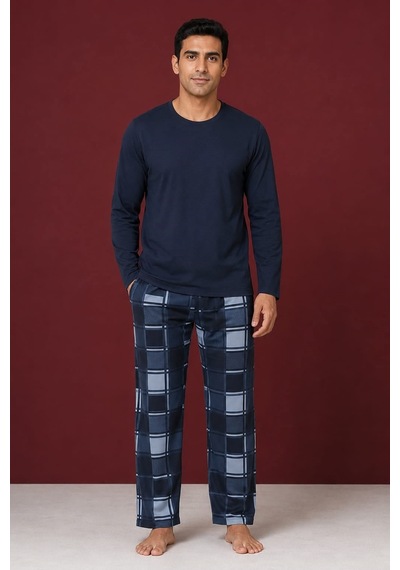 Pemilo Erkek 7119 %100 Pamuk Uzun Kol Pijama Takım Lacivert