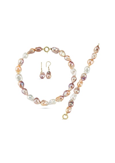 Multicolor Doğal Barok İnci Kolye Bileklik Küpe Üçlü Set Sarı