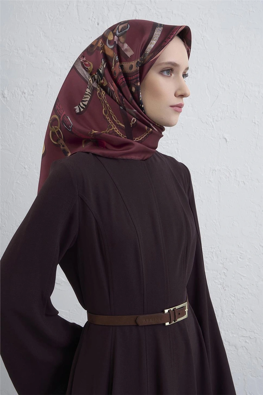 Armine Obje Desenli Saf İpek Twill Eşarp 9422d 08 Bordo