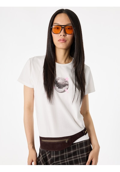 Koton Slim Fit Kısa Kollu Bisiklet Yaka Pamuklu Payetli Tişört Ekru 6sal10730ık