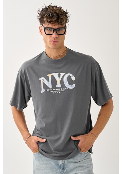 Geniş Kalıp Bisiklet Yaka Baskılı Unisex T-shirt Gri
