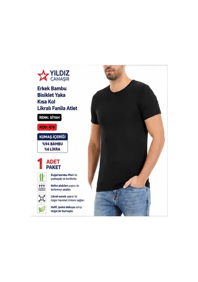 Yıldız Çamaşır Erkek Bambu Bisiklet Yaka Kısa Kol Likralı Fanila Atlet 475-476-477 - 1 Adet Siyah Yıldız Çamaşır Erkek Bambu Bisiklet Yaka Kısa Kol Likralı Fanila Atlet 475-476-477 - 1 Adet Siyah