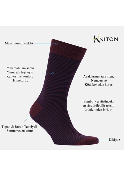 Dikişsiz Bambu Çorap Bordo Renk Çizgi Detaylı Bambu Erkek Çorap Kutulu 5 Çift Premium Uzun Çorap Soket Çorap Bambu Mix