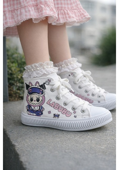 Scarpe Magiche Kız Çocuk Labubu Baskılı Günlük Spor Ayakkabı Sevimli Karakter Desenli Beyaz Scarpe Magiche Kız Çocuk Labubu Baskılı Günlük Spor Ayakkabı Sevimli Karakter Desenli Beyaz