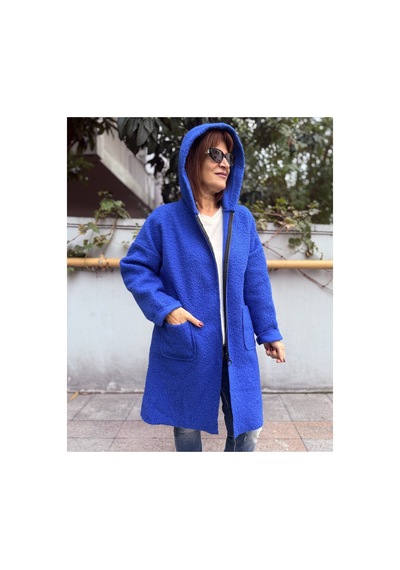 Denizege İtalyan Midi Boy Keçe Kaban Saks Mavi Saks Mavi