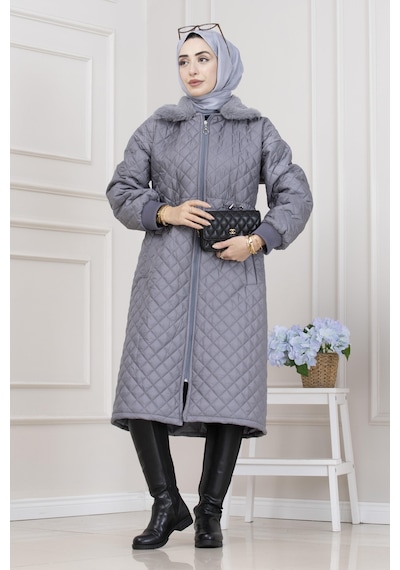 Yakası Kürklü Capitone Mont-gri-5561 Gri
