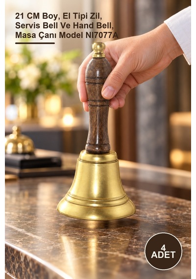 4 Adet Pirinç El Çanı 21 Cm Boy, El Tipi Zil, Servis Bell Ve Hand Bell, Masa Çanı Model Nı7077a