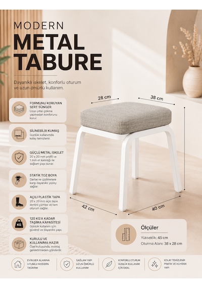 Metal Tabure - 4 Adet Beyaz Açık Kahverengi