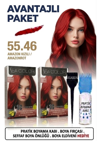 Sea Color Set Saç Boyası 55.46 Amamzon Kızılı 2 Li 2 Kutu+pratik Boya Kabı