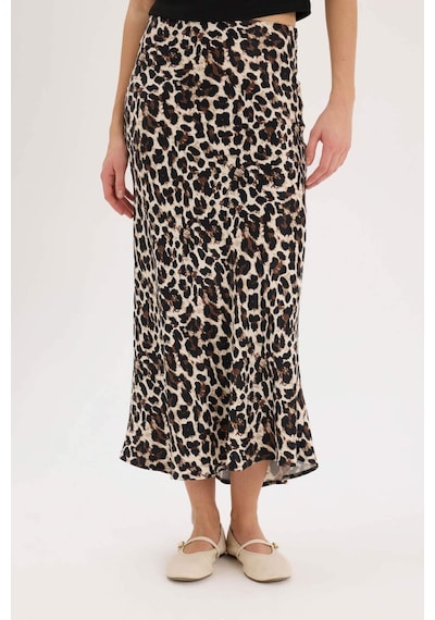 DeFacto A Kesim Normal Bel Leopar Desenli Saten Maxi Etek D7648AX25SPBK81 Siyah