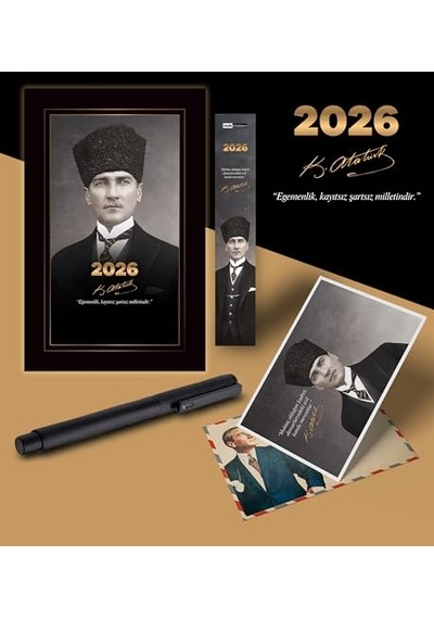 2026 Kalpaklı Atatürk Ajandası Ayraç Kartpostal Kalem - Siyah