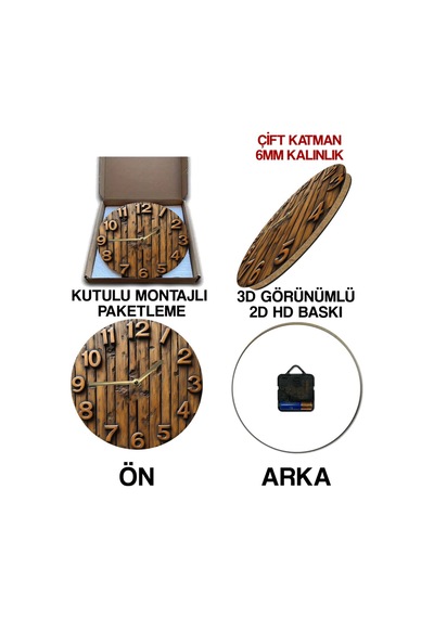 Rustik Ahşap Desenli 3d Görünümlü Mdf Duvar Saati 33 Cm Sdw86 Renkli