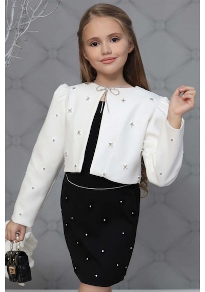 Riccotarz Kız Çocuk Üzeri Taş İşlemeli Etek Askılı Penye Bluz Ve Beyaz Blazer Ceket Etekli Takım 001