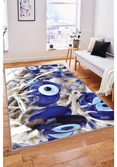 Lacivert Nazar Boncuğu Desenli 3d Kaymaz Tabanlı Halı Rv363n11