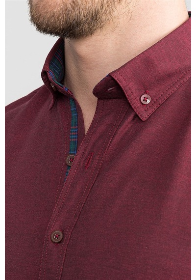 Tudors Slim Fit Dar Kesim Uzun Kol Poplin Oxford Erkek Gömlek-12623 Bordo