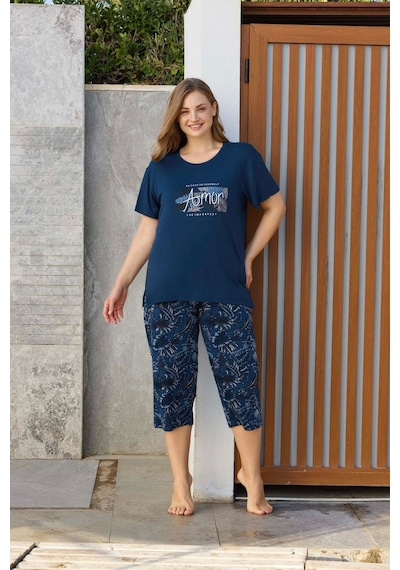 Aydoğan Kadın İnci Büyük Beden Lacivert Kapri Pijama Takım 0278 Lacivert