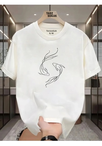 Startmore Unisex Balık Desen T-shirt Beyaz