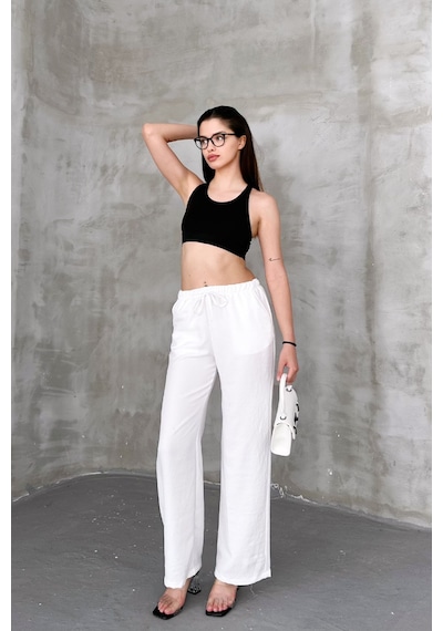 HLT Jeans Beyaz Kadın Bel Lastik Detaylı İnce Dökümlü Baggy Keten Pantolon Emily-3021 Beyaz