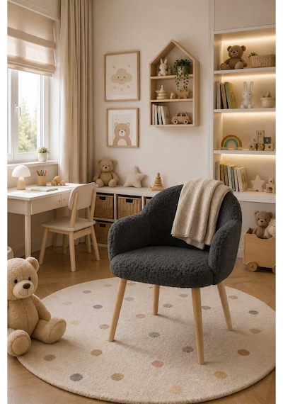Lily Ahşap Ayaklı Retro Puf Minimal Berjer Makyaj Masası Sandalyesi Çok Amaçlı Berjer Antrasit Gri