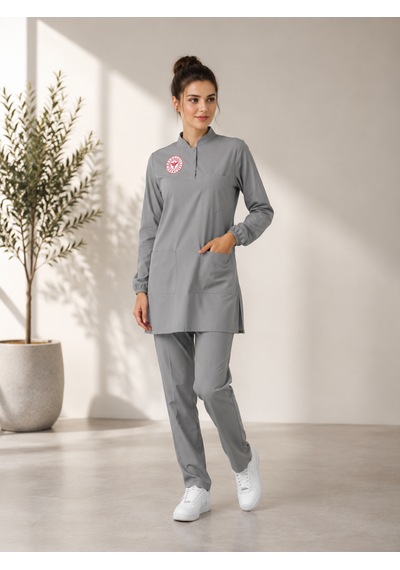 Tesettür Teknik Hizmetler Forması Scrubs Likralı Takım Sağlık Bakanlığı Logolu-neutral Gray