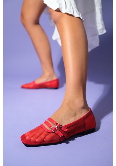 Luvishoes Luvi Shoes Moana Kırmızı Fileli Kadın Babet Ayakkabı Kırmızı