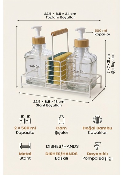 Makri Home Lüks Stantlı Bambu Kapaklı İkili Cam Sıvı Sabunluk & Deterjanlık Seti 2 500 Ml, 22,5 8,5 24 Cm Şeffaf