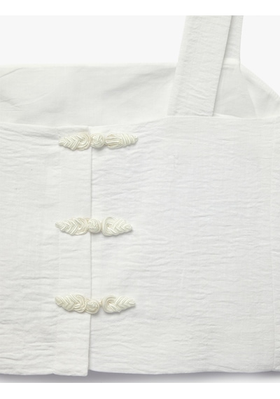 Koton Kare Yaka Düğme Detaylı Kalın Askılı Keten Karışımlı Crop Bluz Beyaz 6sak30103uw